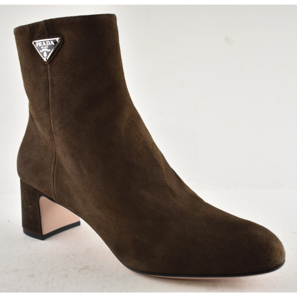 Prada 55MM Moro Chocolate Brown Suede Logo Short Ankle Block Heel Bootie 37.5 - Picture 5 of 16